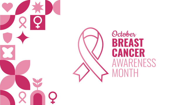 Breast Cancer Awareness Month Banner with Pink Ribbon and Geometric Decorations