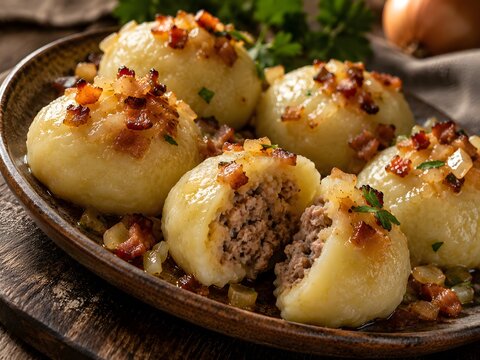 Traditional Potato Dumplings Stuffed with Meat, Cepelinai or Pyzy Dumplings with Bacon Tops, Rustic European Comfort Food