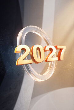 Rendering 3D verticale del numero 2027 in oro e arancione lucido che attraversa un anello trasparente, con particelle luminose su sfondo sfumato tra blu scuro e toni caldi, concetto di nuovo anno.