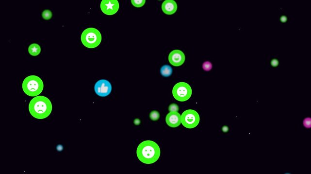 Colorful social media reaction icons floating upwards against dark background representing online digital interaction concepts
