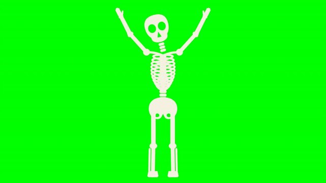 Six stylized white human skeletons performing various arm gestures in a grid layout over a solid chroma key green background. Perfect for Halloween video editing and festive motion graphics.