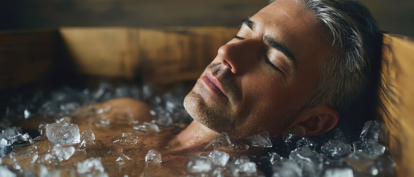 Man relaxing in ice bath for sport recovery.