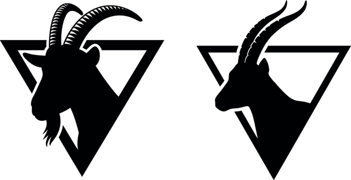 Horned goat head silhouette vector set framed in inverted triangles depicting side profile views for logo emblem designs
