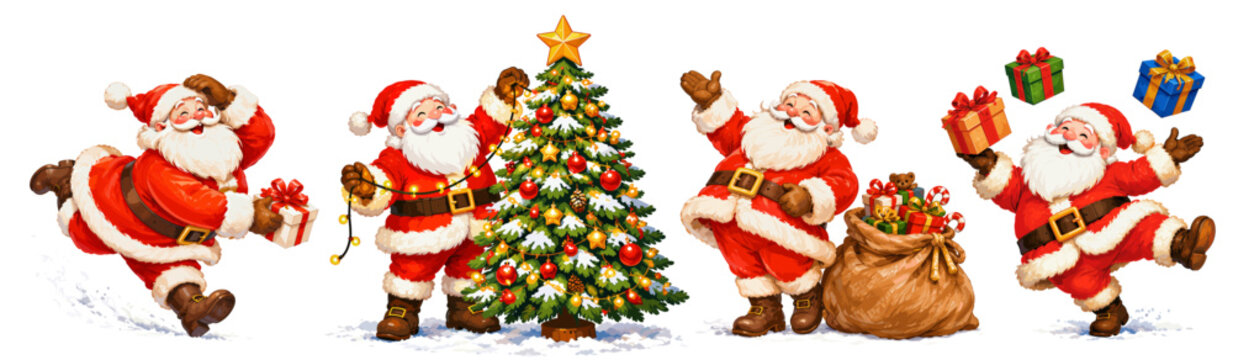 Cheerful Santa Claus characters in various playful actions&mdash; juggling gift boxes, waving, decorating a Christmas tree, and Running holding a gift box. Vector cartoon set