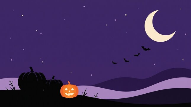 Spooky halloween illustration featuring a glowing jack o lantern under a crescent moon and starry night sky