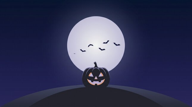 A spooky carved pumpkin jack o lantern silhouette standing before a glowing full moon for halloween night celebration