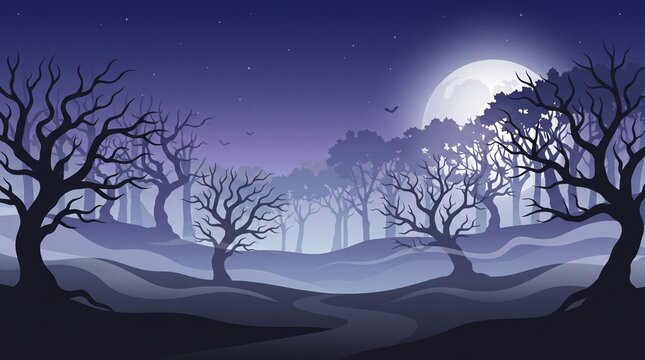Spooky halloween landscape featuring a full moon over a dark forest with silhouettes of bare trees at night