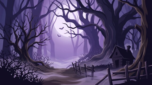 Spooky dark forest landscape with a mysterious cottage for a scary halloween night background illustration