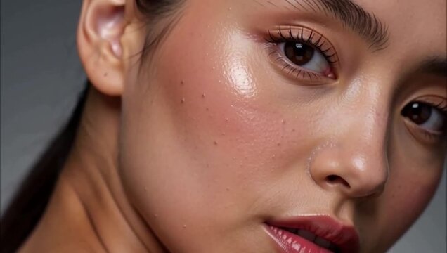 Close up portrait of a young woman with natural glowing skin and freckles.