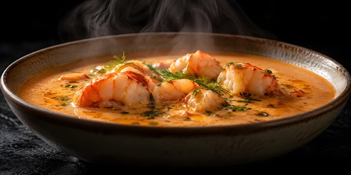 Creamy lobster bisque with succulent prawns in ceramic bowl, steaming hot seafood chowder, gourmet dinner dish background