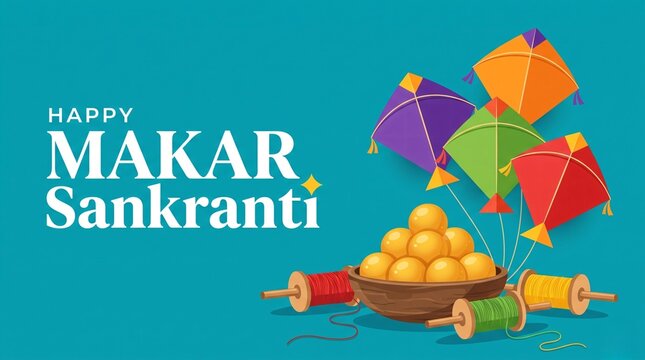 Happy Makar Sankranti Minimalist Kite Festival Teal Banner Background