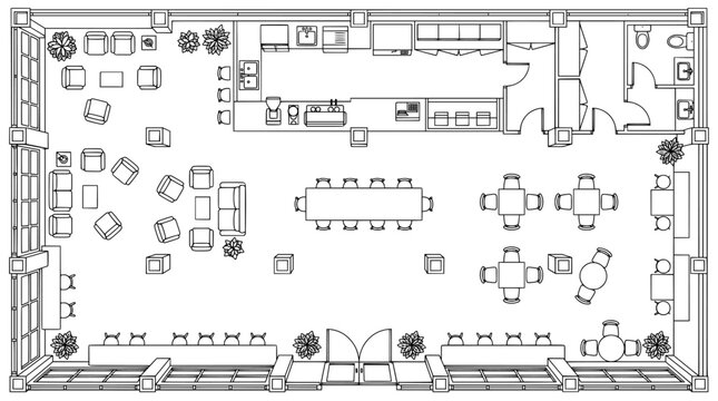 Modern restaurant floor plan blueprint, interior design layout with furniture, architectural vector drawing of dining room, cafe seating arrangement diagram, commercial space planning template