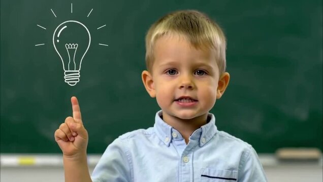 Little boy pointing at a glowing lightbulb idea icon in the classroom.