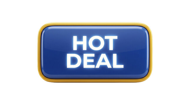 3D rendered rectangular button with rounded corners, glossy blue face and thick golden border featuring bold white uppercase text hot deal isolated on a clean white background for promotions