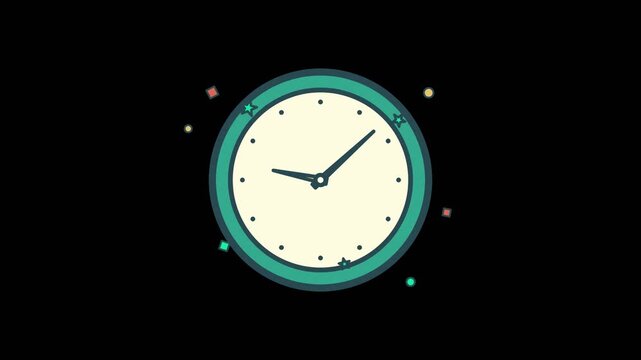 Animated Clock Face Showing Quarter Past, Time Concept, Countdown, Celebration Elements