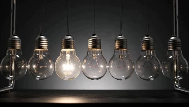 Row of light bulbs with one glowing representing unique idea and business innovation.