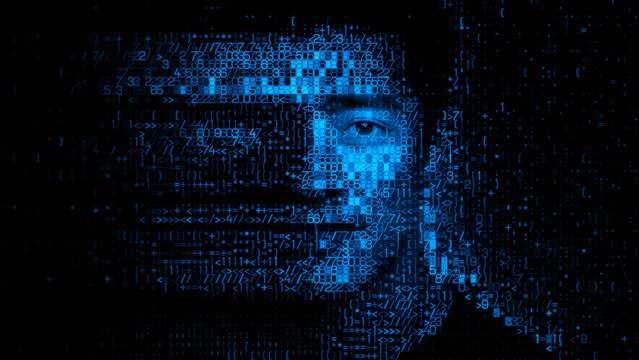 Male Face dissolving into Source Data, representing Agentic AI Concept.