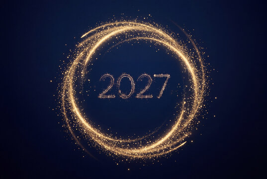 Sfondo astratto blu notte con anello a spirale di particelle e scie dorate luminose che circondano il numero 2027 scritto con scintille, concetto di conto alla rovescia e festa di Capodanno