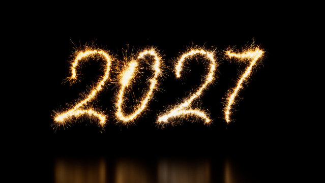 New Year Banner with 2027 Text on Black. Gold Sparkler Firework Caption.