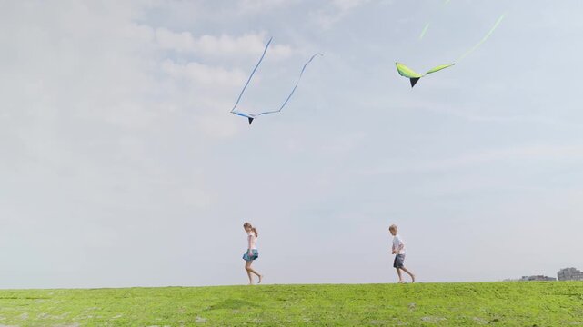 Boy and girl walking barefoot with kites on green algae shore barefoot