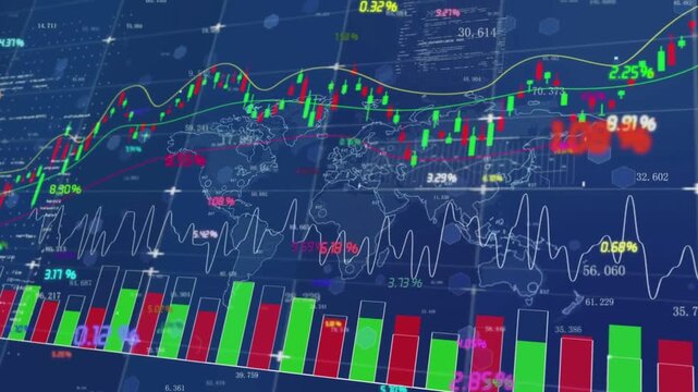 Digital financial market data analytics with stock charts, graphs, and world map
