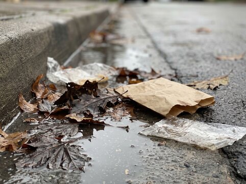 Wet fallen leaves, paper bag and plastic wrapper in a curbside gutter