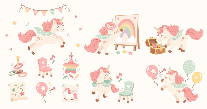 Cute pastel unicorn birthday party clipart set with pinata, balloon, party games, musical chair, treasure map and unicorn poster. Whimsical pink illustrations for kids celebrations and nursery decor