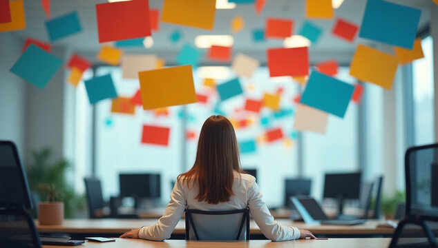 Overworked business person stressed by multi-tasking, digital overload and heavy workload in modern office conceptual art
