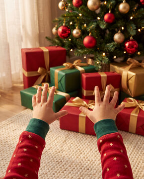 Vertical first person view of a child in red star pajamas raising both hands toward red green and gold Christmas gifts beneath a glowing tree while waiting with eager holiday anticipation