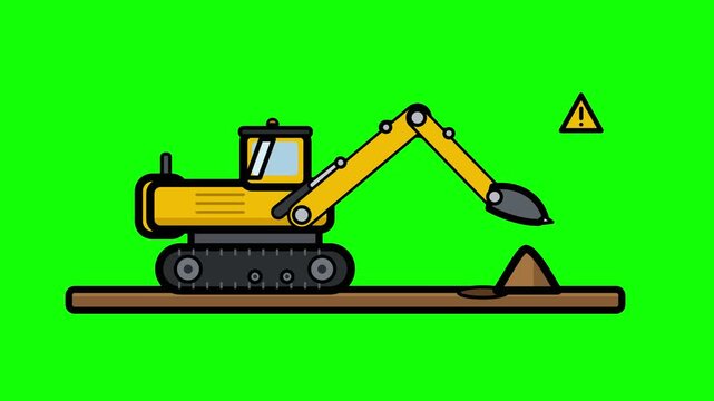 Flat Vector Animation Of An Excavator Working On A Construction Site For Industrial Infrastructure Development Projects With Green Screen Background