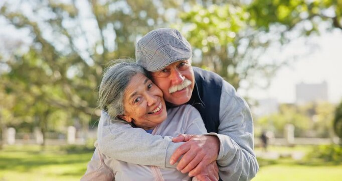 Face, hug and old couple in park with smile, romantic partner and love for soulmate relationship. Happy, elderly people and embrace outdoor in nature with wellness, marriage commitment and loyalty.