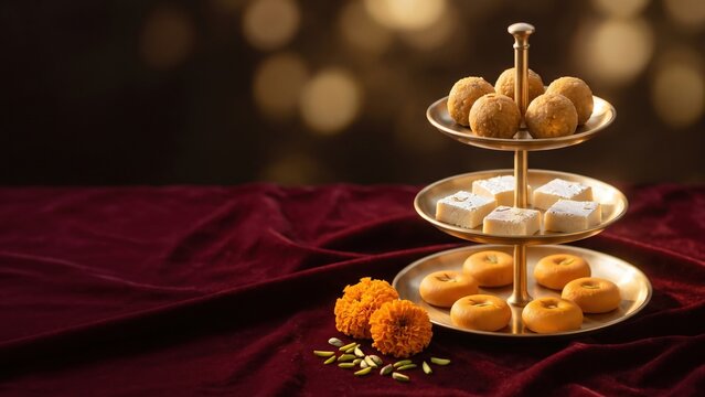  Assorted Indian Mithai on Three-Tier Brass Stand &ndash; Traditional Wedding Sweets Display.

