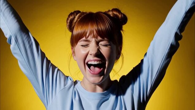 Excited young woman with ginger hair cheering with arms raised against yellow background.