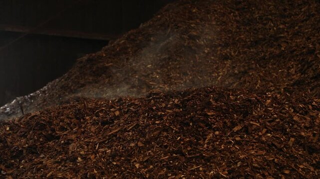 Close-up footage of a large pile of brown shredded wood chips and organic biomass material. The rough texture and layered fragments illustrate organic material processing, biomass resources, wood recy