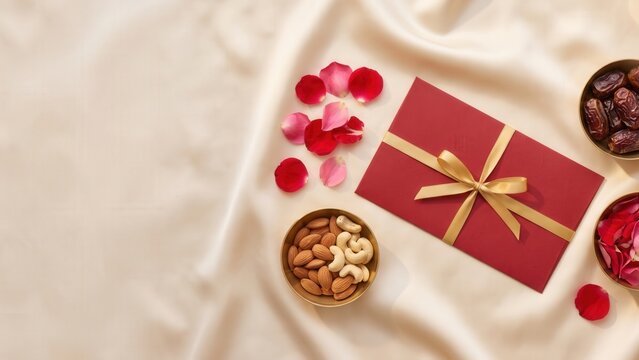  Blank Red Shagun Envelope with Dry Fruits and Rose Petals &ndash; Indian Wedding Gift Flat Lay.