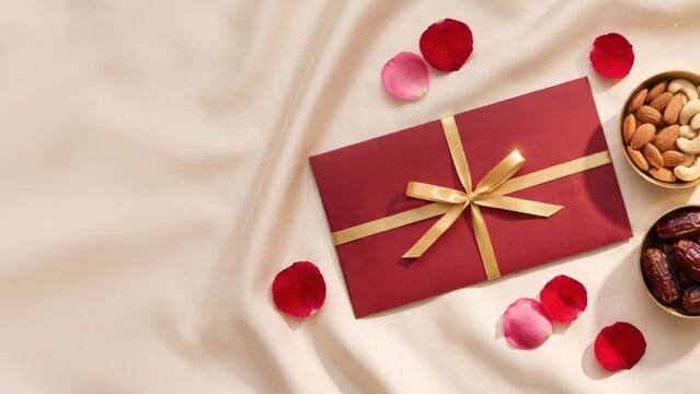  Blank Red Shagun Envelope with Dry Fruits and Rose Petals &ndash; Indian Wedding Gift Flat Lay.