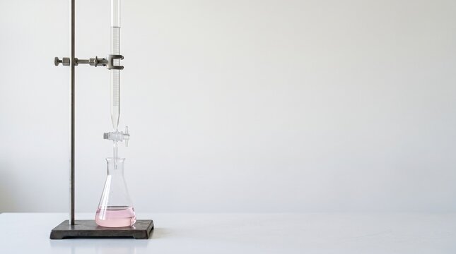 Titration setup with glass burette and pink solution flask on a white lab bench