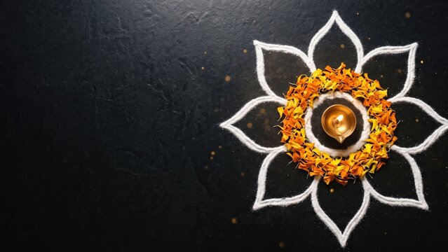 White Lotus Kolam Rangoli with Brass Diya &ndash; Traditional Indian Wedding Welcome Decoration.