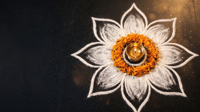 White Lotus Kolam Rangoli with Brass Diya &ndash; Traditional Indian Wedding Welcome Decoration.