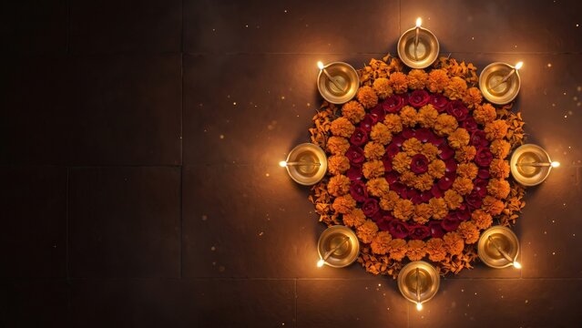 Eight Brass Diyas Around Floral Rangoli &ndash; Glowing Indian Wedding and Festival Decoration.
