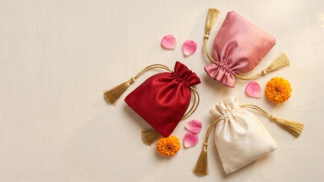 Silk Potli Gift Bags with Gold Tassels &ndash; Elegant Indian Wedding Return Gift Packaging.