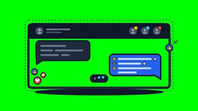 Clean 2D vector animation of a modern chat interface window with incoming and outgoing message bubbles, a three-dot typing indicator pill, user avatars, verified badges, and pop-up heart and thumbs-up