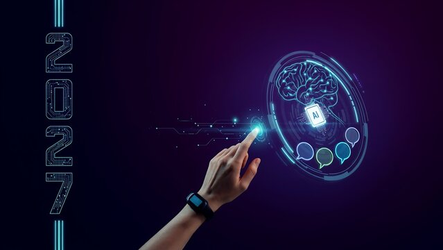Human hand touching digital ai brain interface