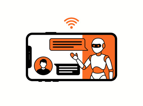 AI chatbot mobile app vector, robot assistant on smartphone screen, digital customer support