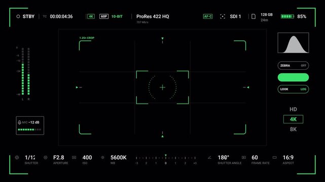 Cinematic Camera Technical HUD with Recording, Sensor Modes, Focus Guides, Histogram and Exposure Controls on Transparent Background for Video Editing. 4K