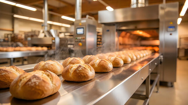 Fresh loaves of bread moving along an automated production conveyor belt in a modern industrial bakery factory setting