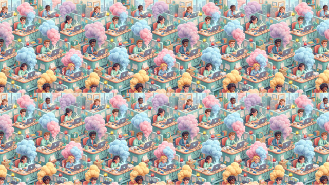 Seamless pattern of diverse people working on laptops in a whimsical pastel office environment with fluffy clouds and croissants, creative coworking concept, AI generated illustration