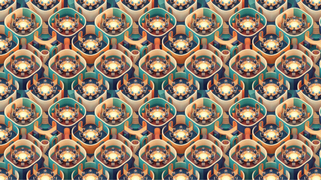 AI Generated Seamless Isometric Pattern of Futuristic Glowing Mechanical Pods and Geometric Cells, Intricate 3D Rendered Tech Background with Teal and Orange Lighting