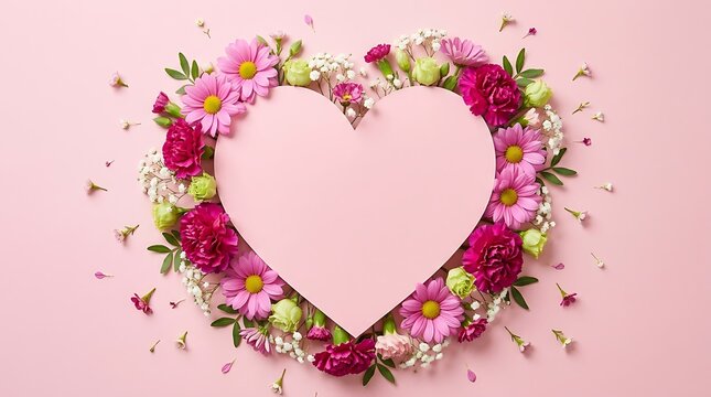 Flat lay composition of a heart shape frame made with colorful spring flowers on a pink background