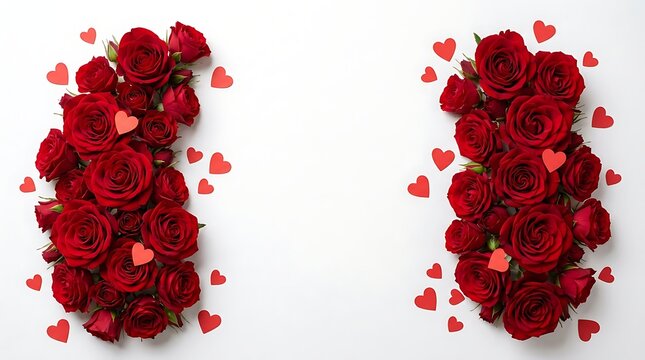 Flat lay composition of red roses and heart shaped decorations on a white background with copy space